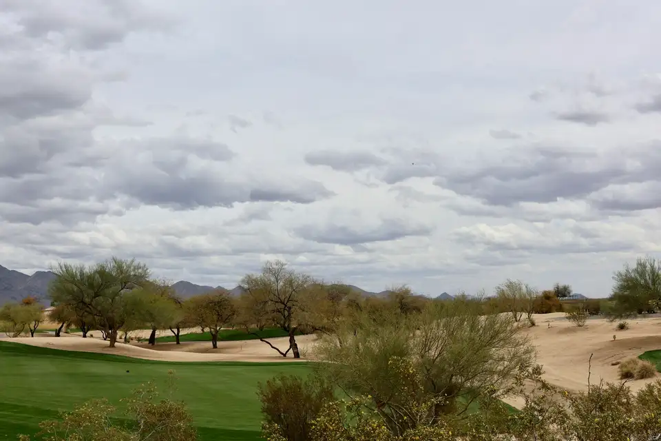 Fairway lined with desert trees and sand, mountains in the background